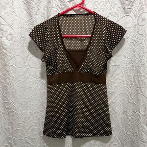 Brown Polka Dot V-Neck Top
